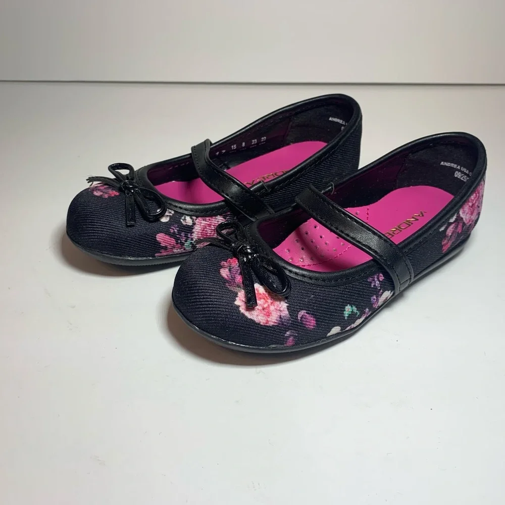 Andrea Girl‎ Toddler Black Pink Purple Flower Ballet Flat Dress Shoe Size 8 NEW